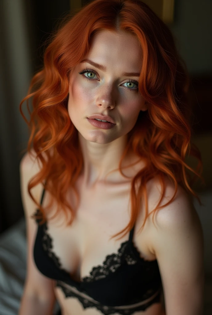 Beautiful girl 30 years old, sexly, redheadwear, greeneyes, wavy red hair, freckles, dark make-up, hyperdetailed photograph, smooth light, full body photo, breasts big, black lingerie, layer, best qualityer, (detailed beautiful face, detail skin texture, ultra-detailed body: 1.1), new, Milla Jovovich, redheadwear, Milla Jovovich, new