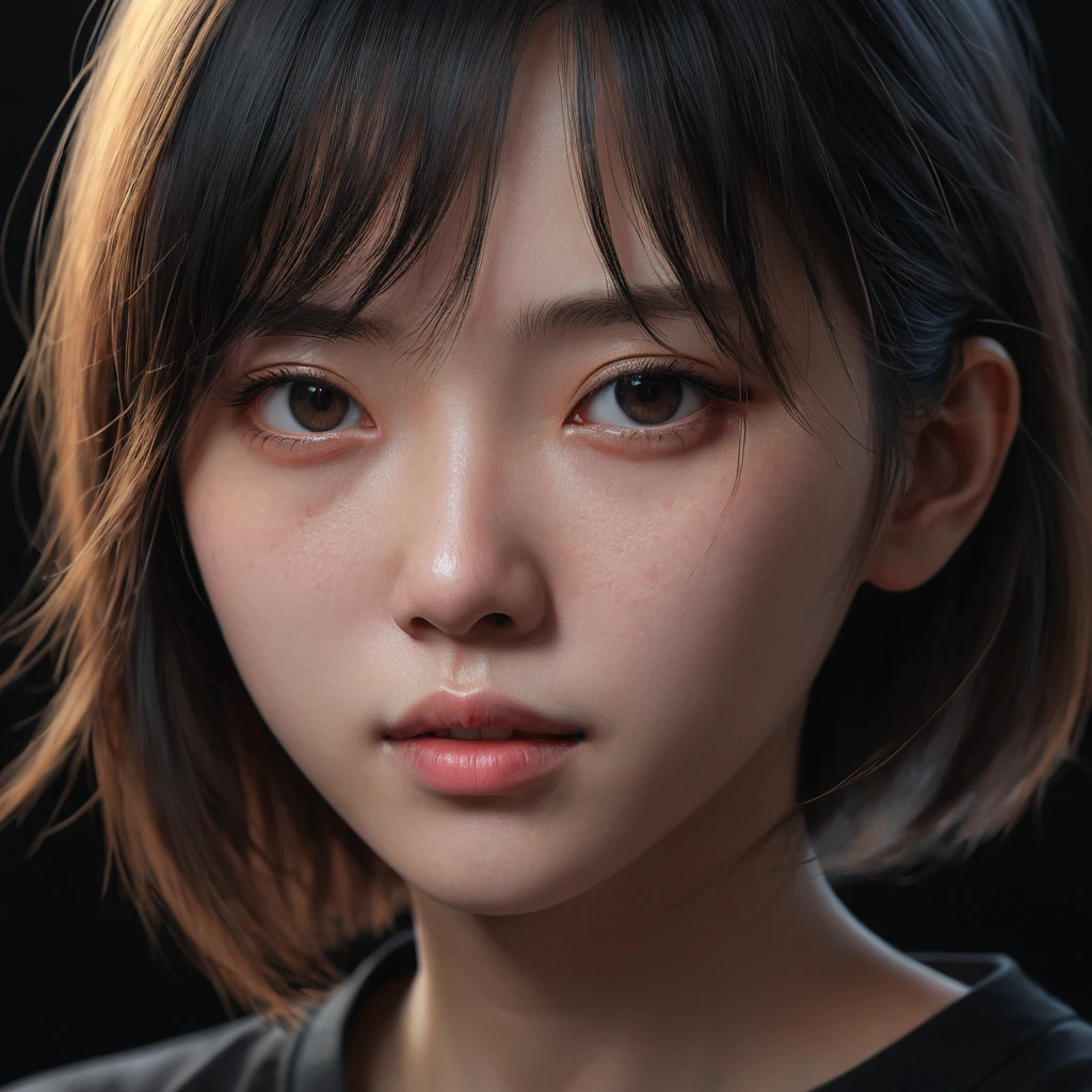a close up of a woman with a black shirt and a black background, a photorealistic painting inspired by Yanjun Cheng, trending on Artstation, digital art, soft portrait shot 8 k, 8k portrait render, realistic anime 3 d style, photorealistic anime girl render, realistic. cheng yi, 3 d anime realistic, 8 k realistic digital art, kawaii realistic portrait