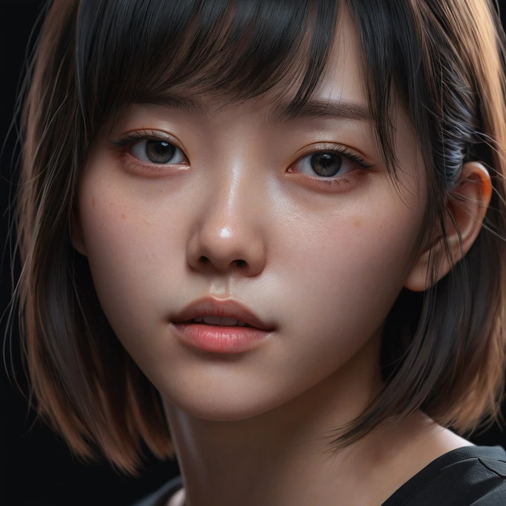 a close up of a woman with a black shirt and a black background, a photorealistic painting inspired by Yanjun Cheng, trending on Artstation, digital art, soft portrait shot 8 k, 8k portrait render, realistic anime 3 d style, photorealistic anime girl render, realistic. cheng yi, 3 d anime realistic, 8 k realistic digital art, kawaii realistic portrait