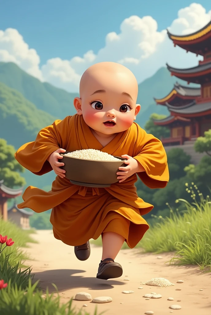 Fatty Kid monk running with rice