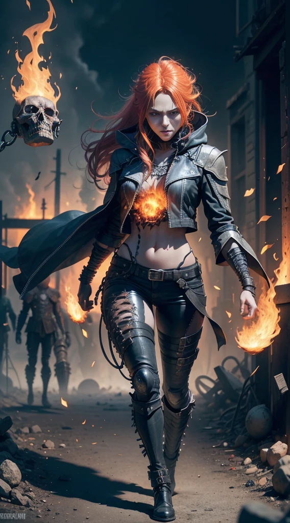 Female version of Ghost Rider, (Ghost Rider), A superhero under the Marvel Comics umbrella, The image is usually a burning human skeleton, Wear leather clothing, Heroes in chains, And get on a flaming motorcycle, Fight evil enemies everywhere, Flames flutter in the wind, The burning skull speaks of his immense hatred, He gave his soul to hell, Surround your filthy body with poisonous fire and chains, In his fiery eyes, You see your own sinful life, That manic laughter devours your entire soul, Ride a spooky Harley for the night, Walk between hell and earth, The roar of the motor is accompanied by a roar of anger, What remains is a line of fire that attracts light and darkness, Everywhere the motorcycle passes, It will be a mess, There will also be fire marks on the road, Influenced by supernatural forces, The deep flames of hell, Will directly cover the whole body of the Evil Spirit Knight, After the flesh and blood were burned, It took the form of hellfire, If you don't wear clothes, Skeleton and fire do not make the character visible, If you put on clothes, It can show a part of the body in human form, And better than the host body in human form, Hellfire can scorch anything as the Ghost Rider himself wishes, Or something that won't hurt any evil spirit knights, huge , Thin waist and thick hips, long legs, Sexy figure.