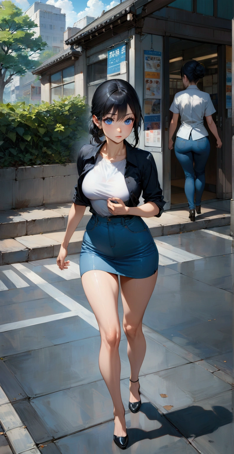 realistic anime illustration of office woman is walking along street, wears light-blue denim pencil mini skirt, (1girl, solo, full body, front view), (masterpiece, best quality, japanese anime style), (expressive eyes, perfect face, perfect body)