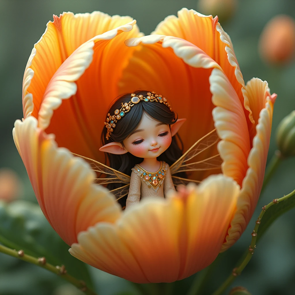 little elf woman with wings inside of a flower