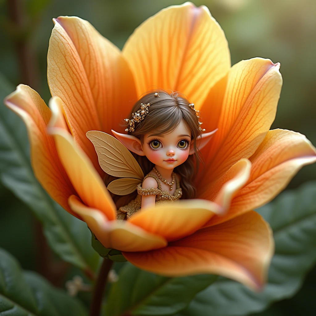 little elf woman with wings inside of a flower
