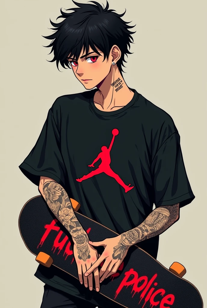 make an anime style character, he has a tattoo like Trevor, written "Cut here" on his neck, the boy also has tattoos on his arms yakuza style, his hair is black and slightly curly, his iris is black and his eyes slightly reddish as if he was high, the boy is wearing a black shirt with a symbol of the Jordan sneakers brand printed on his chest, the boy is wearing wide black pants and black Jordan sneakers with red details, his skin is very tanned, his body is athletic and is holding a black skateboard with red wheels that says "fuck the police" in red graffiti letters on the bottom of the skateboard