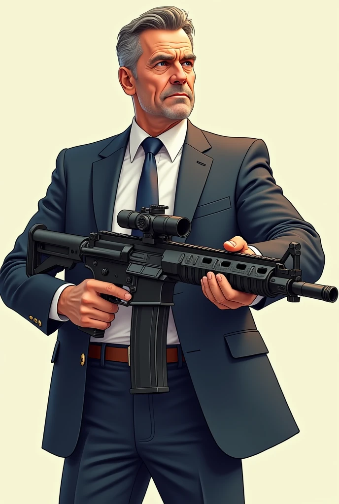 A 30 year man who wears a suit have a big machine gun in only one hand and machine gun , looking at screen realistic image face and body properly visible body facing front side while man looking left side man alon in image make it cartoon effect