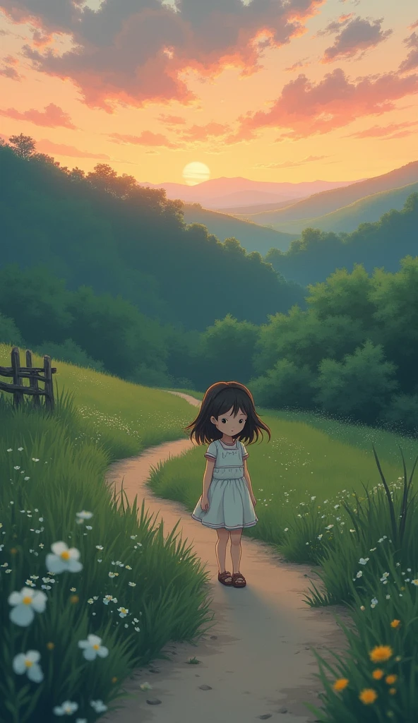 A girl is walking shyly at dusk。Ghibli style