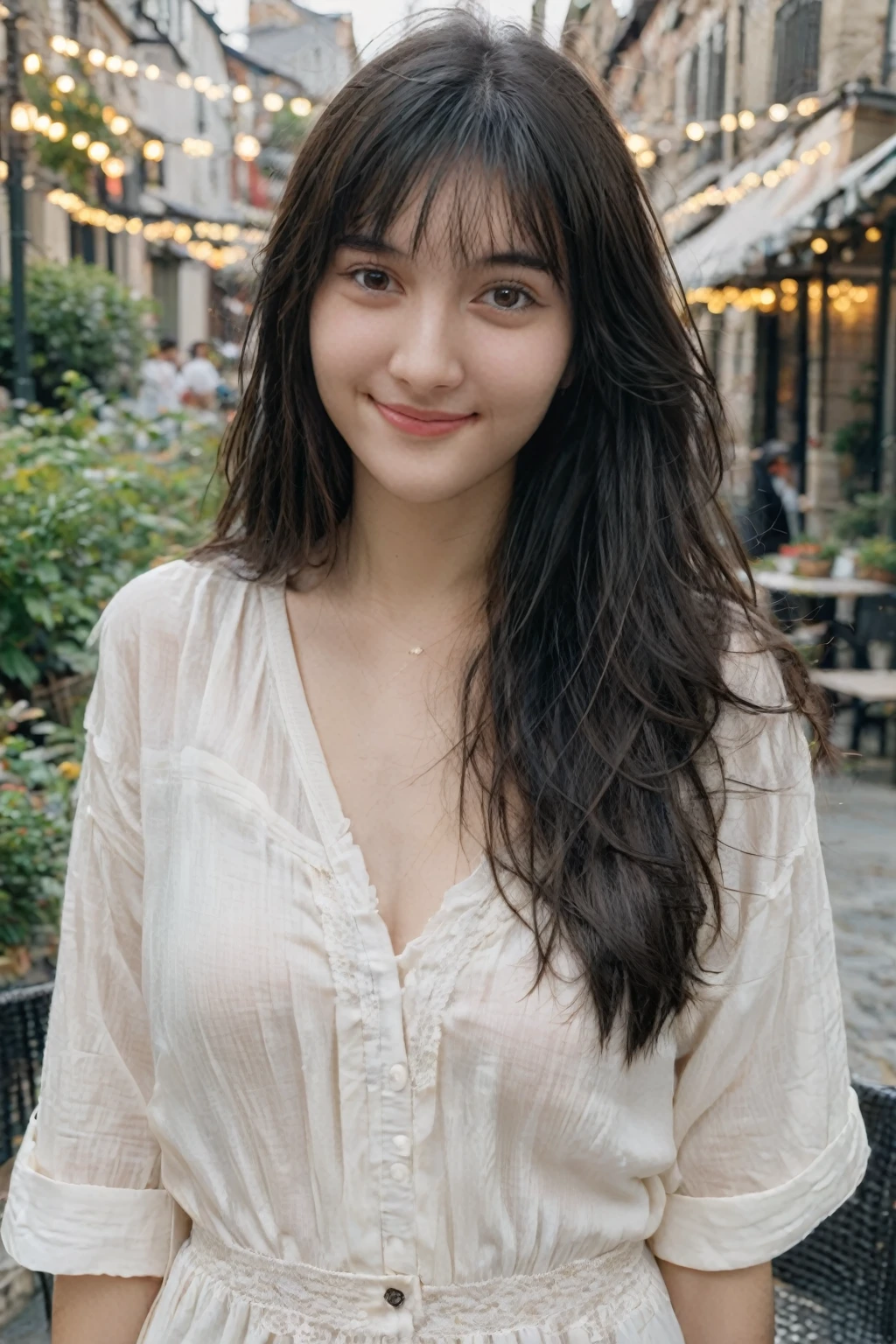 A high-resolution, wide angle shot, 4K portrait of a beautiful 20-year-old woman with a happy smile, detailed skin, and clear eyes. 
She has long, messy black hair with bangs and dark brown eyes with slight dark circles, looking at viewer. 
The image features natural, soft lighting with a low contrast and film grain effect. 
She has perfect shaped medium breast. 
She is dressed in Oversized Button-Down Shirt
Description: An oversized white button-down shirt that doubles as a dress. The shirt is slightly sheer, with a relaxed fit that falls just above the knees, making it both sexy and comfortable. Roll up the sleeves for a casual, just-woke-up look.
Accessories: Style with knee-high socks or bare legs, messy bed hair, and a lace bralette peeking underneath.
Sitting in An outdoor cafe with small tables and chairs set on a cobblestone patio, surrounded by potted plants and string lights overhead. The cafe has a cozy, relaxed atmosphere with umbrellas providing shade and a view of a busy street or a garden. 
The composition emphasizes ultra-detail, sharp focus, and vivid colors, with HDR and UHD quality, capturing a whimsical and dreamy aesthetic with a bokeh background. Looking at viewer