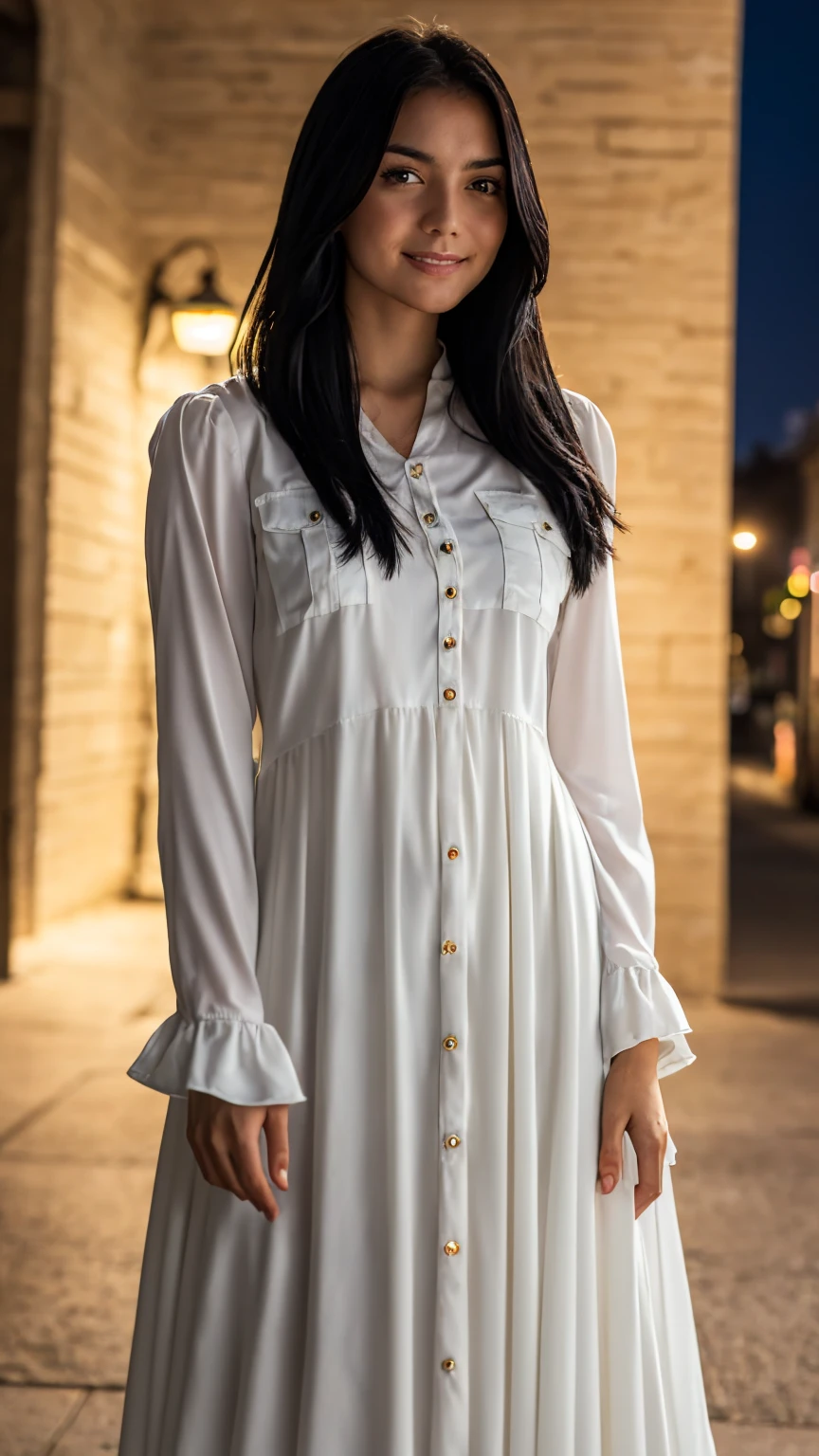 masterpiece, highest quality, 8k high quality photo, cinematic lighting, deep shadow, 1girl, gorgeous face, fearless smile, smooth soft parl skin, light-blown medium wavy hair, looking into camera, (standing on european street), model posing, front view,((cowboy shot)), (long sleeves frilled dress:1.2), at late night, ((night:1.5))