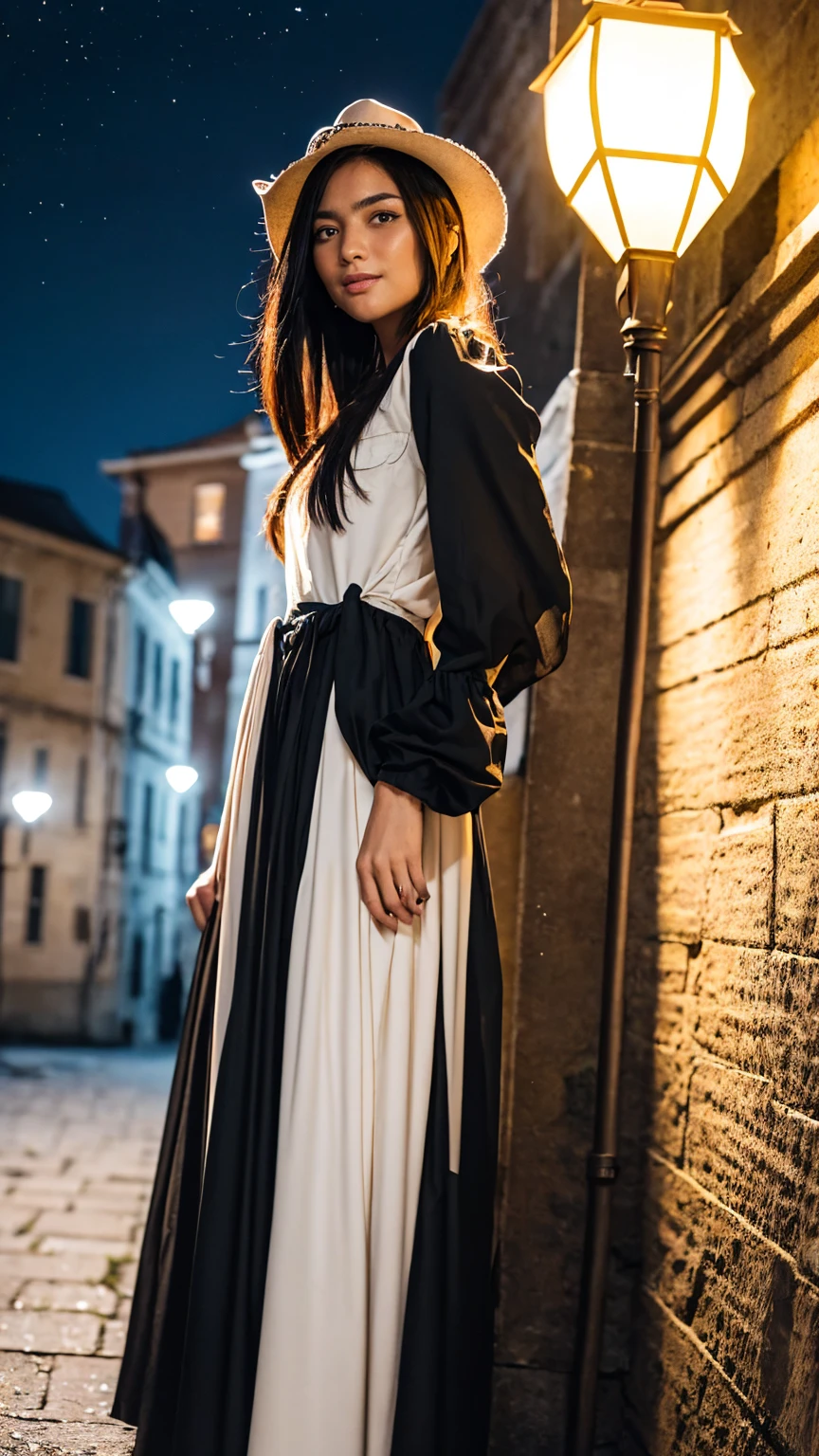 masterpiece, highest quality, 8k high quality photo, cinematic lighting, deep shadow, 1girl, gorgeous face, fearless smile, smooth soft parl skin, light-blown medium wavy hair, looking into camera, (standing on european street), model posing, front view,((cowboy shot)), (long sleeves frilled dress:1.2), at late night, ((night:1.5))