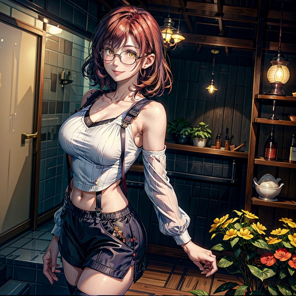 1 woman, short hair, Curly hair, natural redhead, yellow eyes, round glasses, smile, smile coquette, sassy Girl, coquette, chest a little big, purple overalls skirt, white long sleeve sheer shirt, standing, moles on the lip, indoor garden, Sol natural, Whole body.