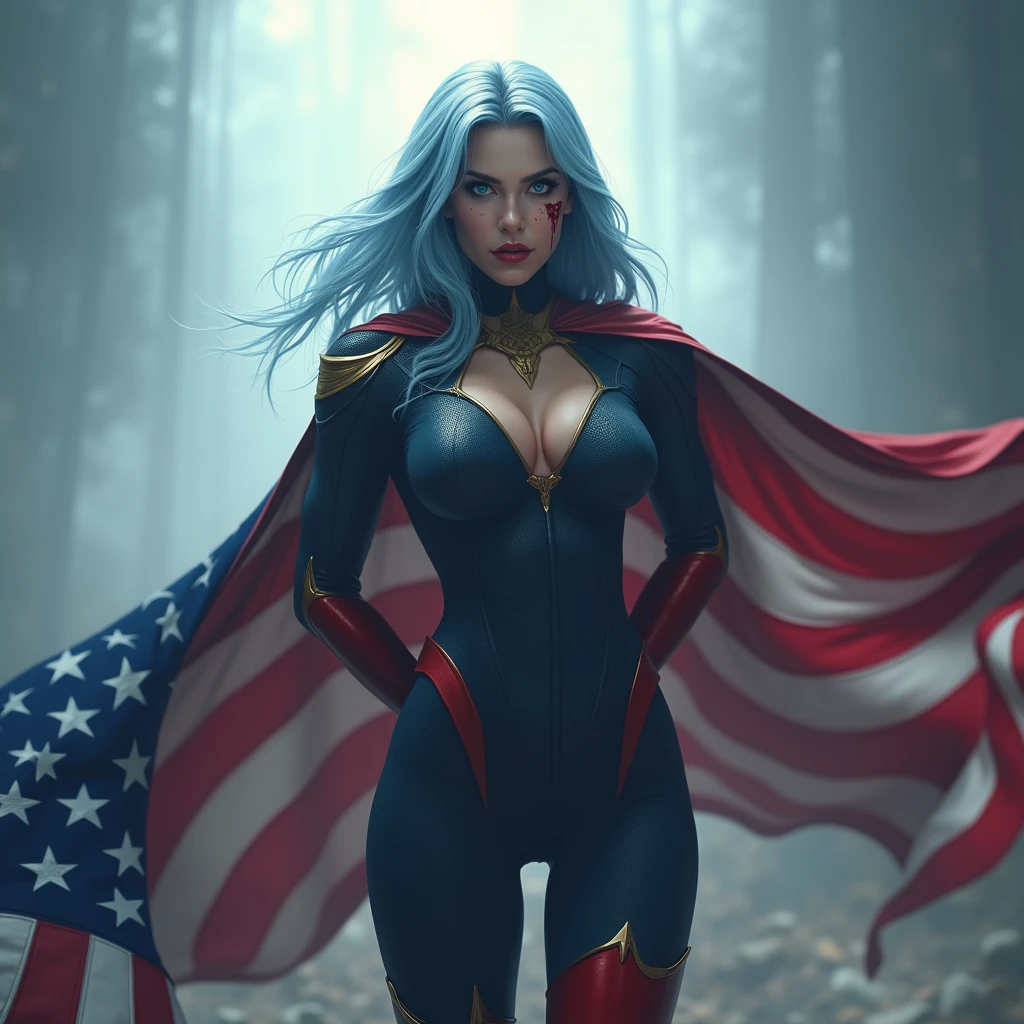 A powerful superhero character in a dramatic action pose, She has her hands behind her back, She has a slight diabolical smile. She wears a dark blue, textured bodysuit with golden accents on the shoulders and wear red long gloves until her elbows. She have got long light blue hair, light blue eyes, large breast, and she has a stern, determined expression on her face. A large American flag cape billows behind her, adding a sense of movement to the scene. There are traces of blood on his outfit and on his face ,The atmosphere around her is misty, with beams of light piercing through the clouds, highlighting the figure in a heroic manner