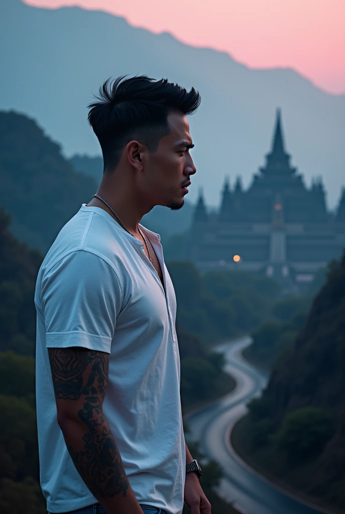 Cinematic and dynamic wallpaper with main text "Adesign Art!" in a fierce boxy font with a dark blue and pink color scheme. There is a high definition image of a handsome tattooed Thai man in a short-sleeved white shirt., with a hurt and struggling expression. He has short, neat black hair.. The background is a cinematic scene with Borobudur temple., mountains, and road. The overall image has a cinematic feel..