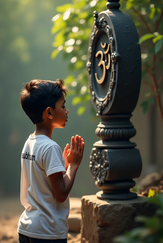 A 12 year boy wear a white tshirt and printed on back "SUBHAM" he is praying  Lord shiva's shivling and shivling is black colour on printed "Om (ॐ)" 4k realistic