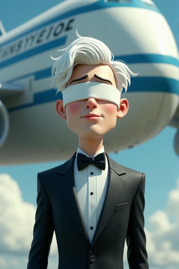 Animated guy wearing black tuxedo, black blindfold, white hair in the plane background 