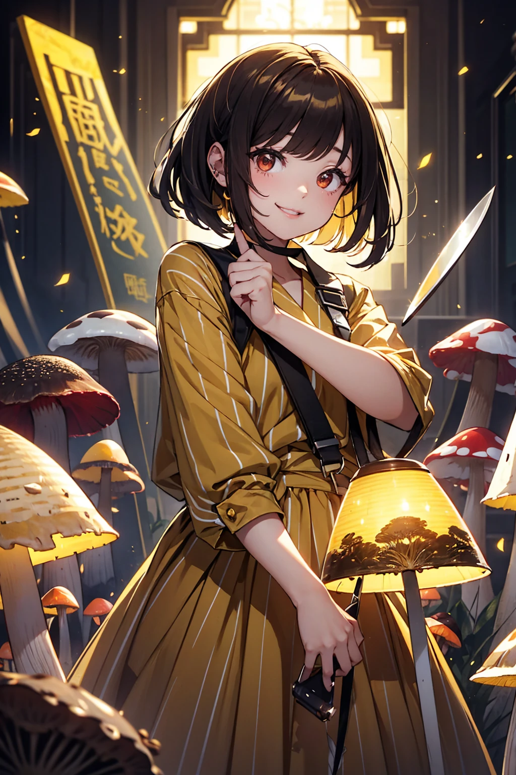 Red eyes, girl, Holding a knife, A yellow-green striped shirt with thick stripes, Red eyesが赤く光る, Tilt your head, Short brown hair、mushroom head, With a bright smile on his face, Character, Second Dimension, Golden flowers with a line of light overhead々standing between