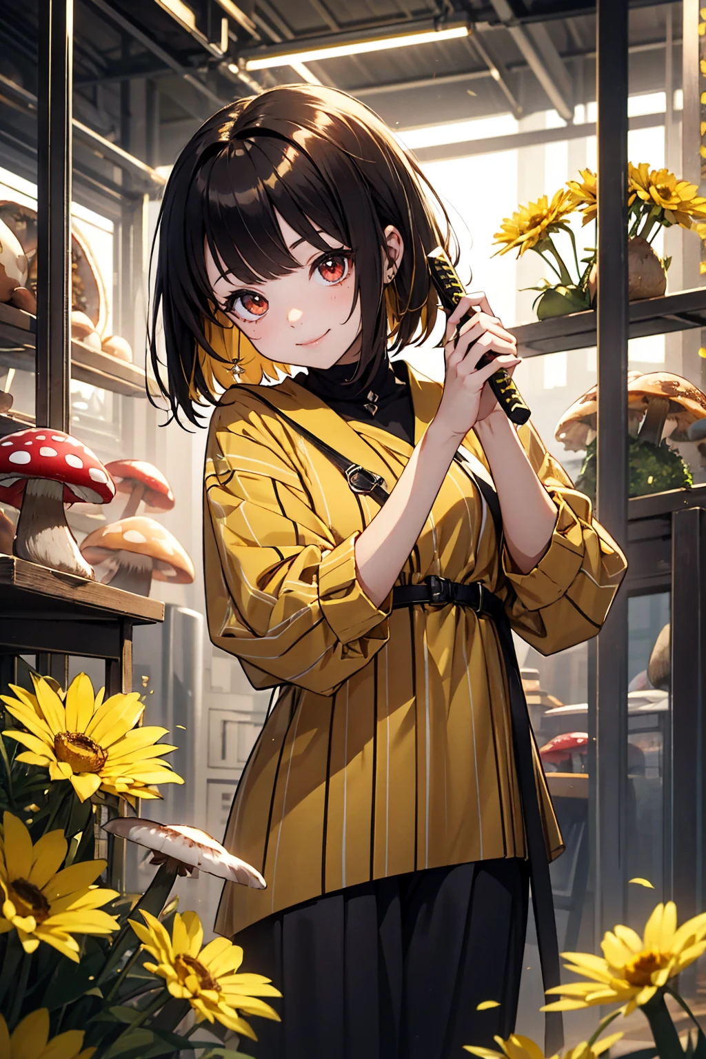 Red eyes, girl, Holding a knife, A yellow-green striped shirt with thick stripes, Red eyesが赤く光る, Tilt your head, Short brown hair、mushroom head, With a bright smile on his face, Character, Second Dimension, Golden flowers with a line of light overhead々standing between