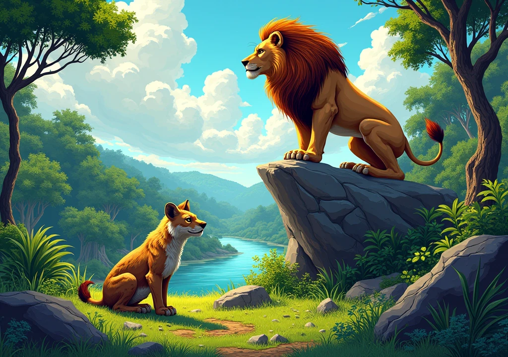 A hyena and a lion sitting together, the lion is on top of a rock, the hyena is sitting on a lawn looking at the lion, they are in a place full of forests, rivers and animals, the scene contains vibrant and quite striking colors, comic book style. 