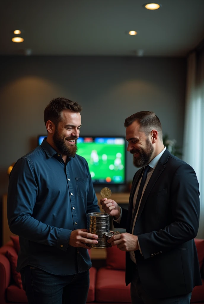two men, One happy winning the bet and the other sad and defeated. The happy man has a database and the sad man has a coin toss. In the background a living room with football sports screens. Professional lights