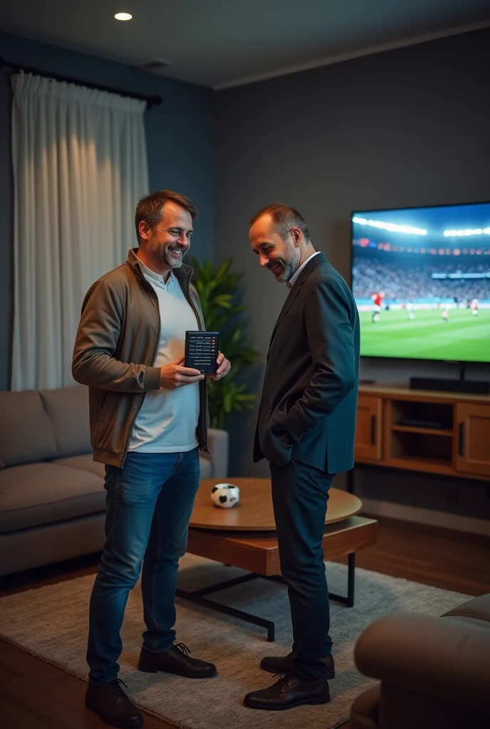 two men, One happy winning the bet and the other sad and defeated. The happy man has a database and the sad man has a coin toss. In the background a living room with football sports screens. Professional lights 