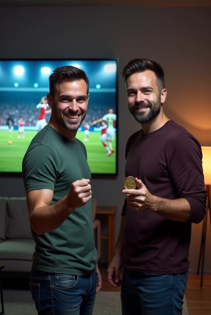 two men, One happy winning the bet and the other sad and defeated. The happy man has a database and the sad man has a coin toss. In the background a living room with football sports screens. Professional lights 