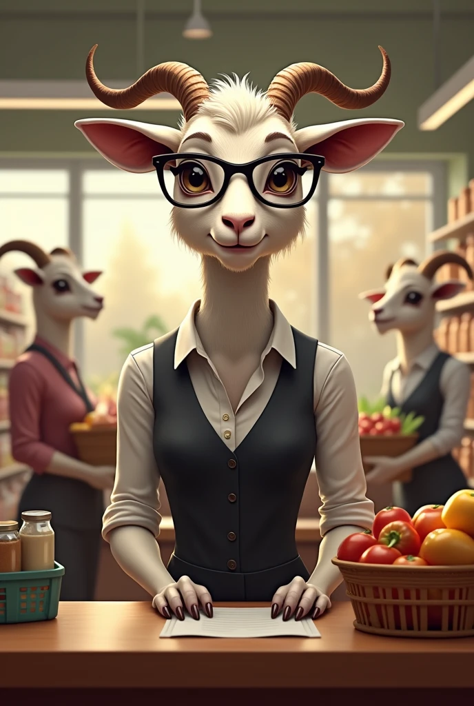 Claudine, une chèvre femelle avec des lunettes et un tailleur chic, derrière le comptoir d'un supermarché. Des chèvres clientes remplissent leurs paniers sous son regard attentif.