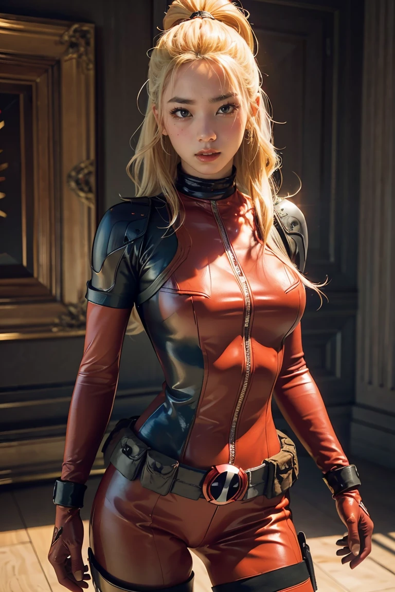 (((3d,CGI))) “cartoon art-style” realistic portrait of a sexy and busty female superhero character in the style of Deadpool, I have blonde hair., Wear tight clothing., holding a sword, Pose seductively and confidently, It is large, good figure., (best quality,4K,8ก,height,Masterpiece:1.2),Very detailed,(realistic,photorealistic,photo-realistic:1.37),Very detailed,Beautifully detailed eyes,Beautifully detailed lips,ดวงตาและใบหน้าที่มีรายVery detailed,Long eyelashes,Intricate costume details,dynamic light,Stunning shadow,bright colors,movie elements