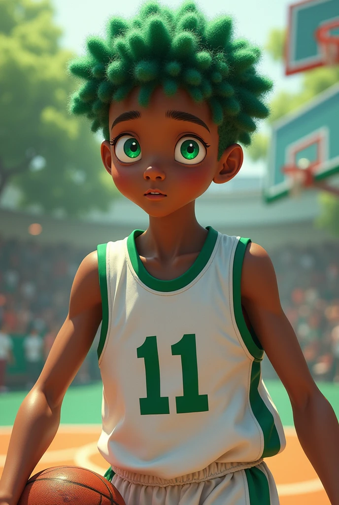 Boy with vibrant green eyes Basketball outfit number 11 White and moss green curly hair 1.67 tall Dark skin 
