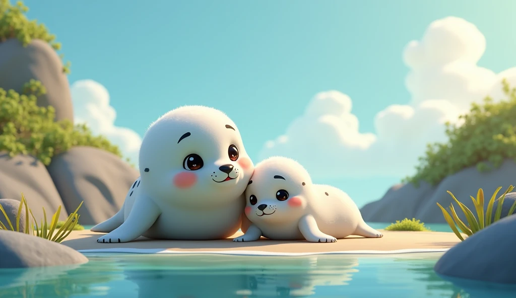 Image:  seal and it's mother together in a peaceful setting, symbolizing their strengthened bond and the importance of family support.
Cinematic cartoon 3d style 