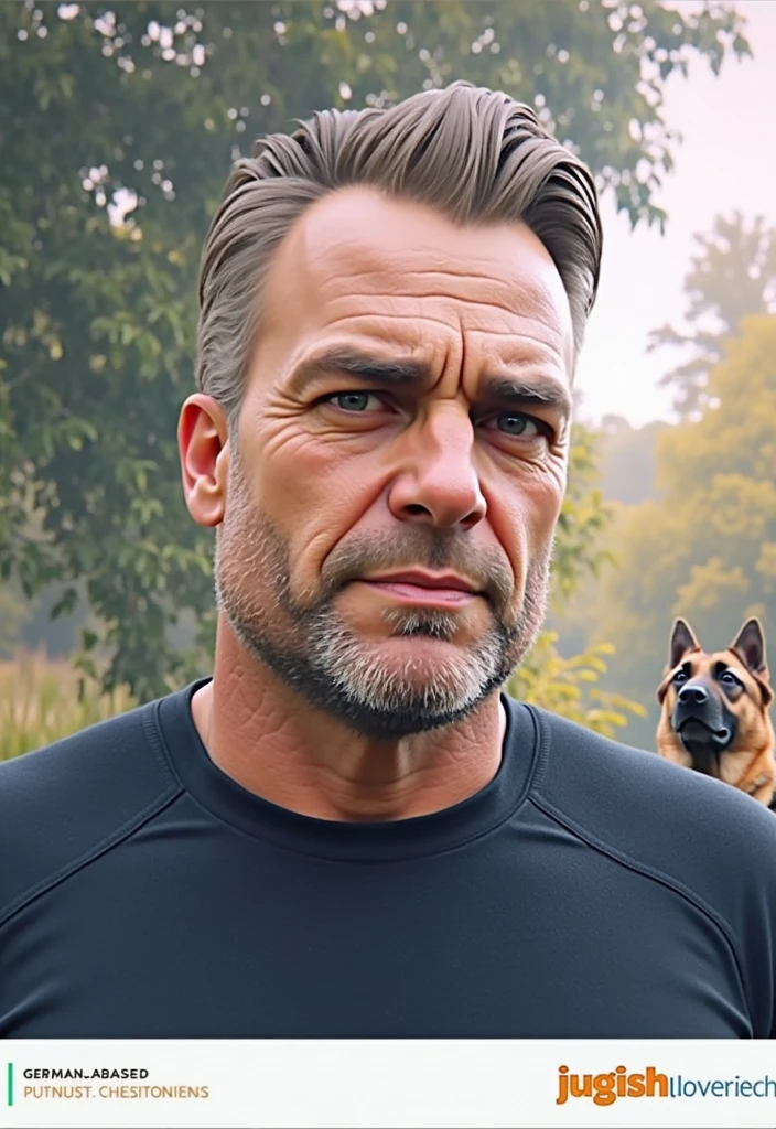 a man with a german shepherd dog, highly detailed portrait, photorealistic, 8k, ultra-detailed, sharp focus, physically-based rendering, professional, vivid colors, intricate details, exquisite lighting, chiaroscuro, striking composition, dramatic shadows, powerful gaze, rugged features, loyal companion, outdoor setting, lush greenery, warm tones, majestic presence