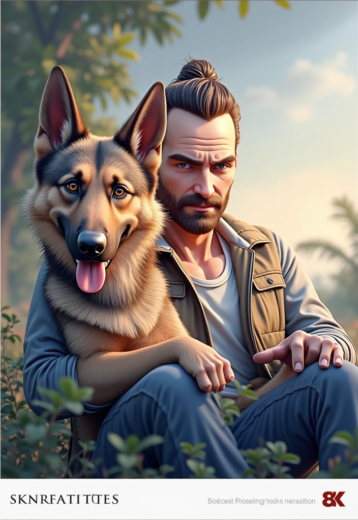 a man with a german shepherd dog, highly detailed portrait, photorealistic, 8k, ultra-detailed, sharp focus, physically-based rendering, professional, vivid colors, intricate details, exquisite lighting, chiaroscuro, striking composition, dramatic shadows, powerful gaze, rugged features, loyal companion, outdoor setting, lush greenery, warm tones, majestic presence