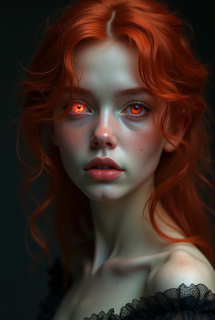 1girl, star eye, blush, perfect illumination, red hair, red eyes, unreal engine, sidelighting, detailed face, bangs, bright skin, simple background, dark background, black mesh