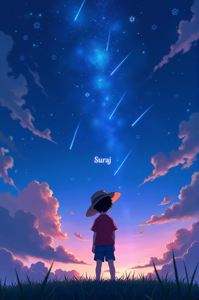 Create an anime-inspired scene of a young boy with short black hair, wearing a red shirt, blue shorts, and a straw hat, standing on grassy terrain while gazing up at a vibrant, starry night sky filled with shooting stars and glowing comets. The sky is a mix of deep blues and purples with scattered clouds. Add the text 'Suraj' on the lower right side in a stylish, glowing script that complements the night sky's colors, subtly blending with the scene."