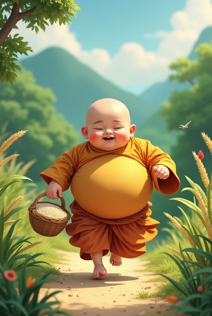 Kid monk with big stomach running with rice