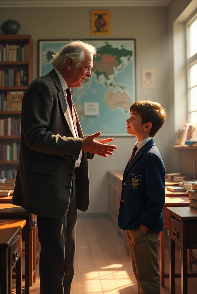 A boy student talks to a boy teacher