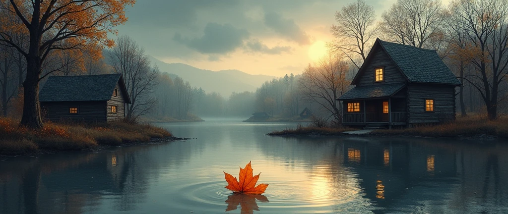 Fall Autumn Aesthetic,Halloween,Dark Village,Cozy ,Rustic Orange Maple Leaf,Scenery, water color