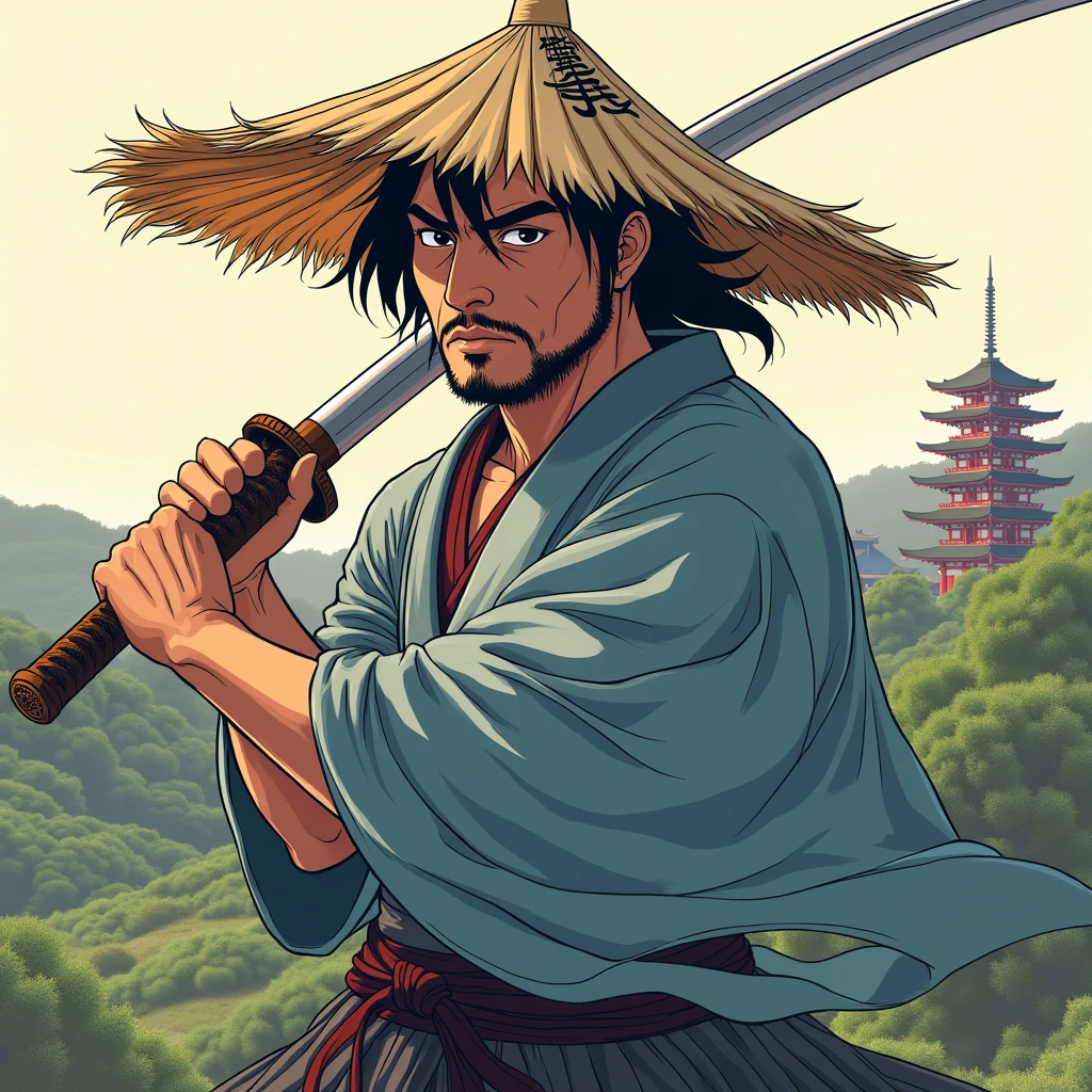 A samurai with a straw hat and a katana in anime style