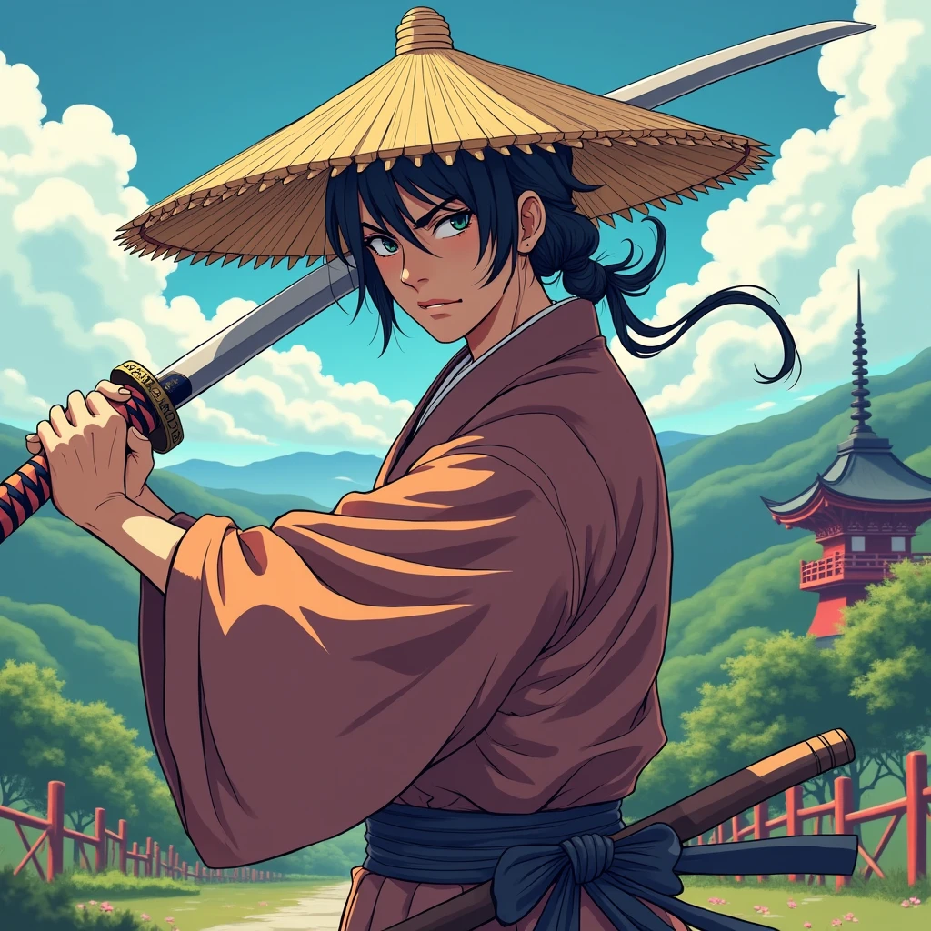 A samurai with a straw hat and a katana in anime style 