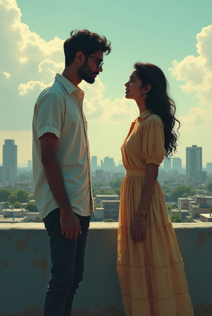 One sided loving Indian man having & wearing glasses stand at the rooftop and a woman looking eachother with love love