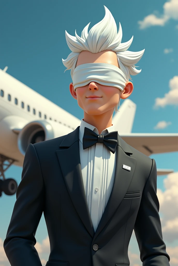 Animated guy wearing black tuxedo, black blindfold, white hair in the plane background