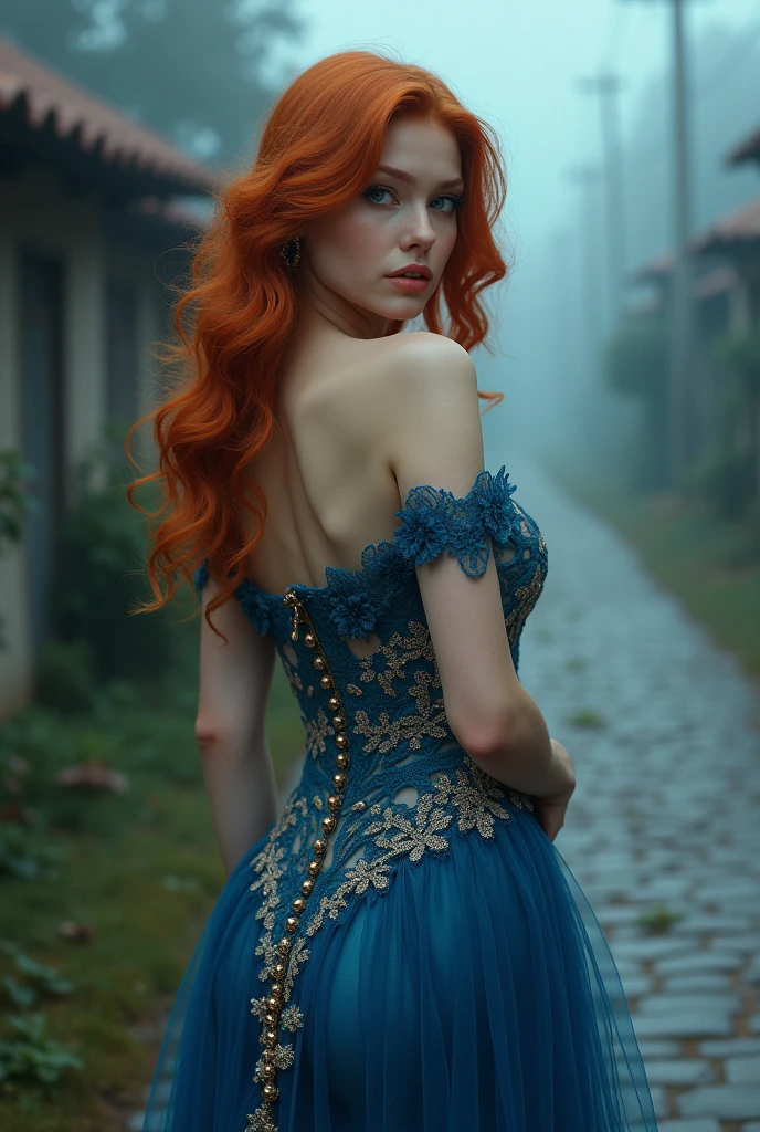 DUTCH RURAL SETTING, master piece, (((Full figure supermodel sexy pose))) corpo inteiro no quadro, (((magical unnatural lighting ))) (((Beautiful pale shape smiling irish goddess sitting woman artmodel pose on cobblestone street in mist))), (((Heavenly 1920s Blue and Gold Intricate Lace Gown Showcasing, looking at the camera))) , ((( red hair, precise hands, accurate eyes, Sagging breasts cleavage corset))) Moody Lighting, Blue Hour, blues colors, very detailed, dramatic lighting, Trending digital art on Artstation 8k HD high definition detailed realistic, circunstanciado, texture skin, hyper detailled, textura de pele realista, armour, best qualityer, ultra high resolution, (photorrealistic:1.4), very high resolution, circunstanciado, Foto RAW, clear re, Nikon D850 Film Stock Photography 4 Kodak Portra 400 Camera F1.6 lenses rich colors hyper realistic texture dramatic lighting unrealengine trending on artstation cinestill 800, (((accurate female anatomy, perfects eyes))) (((500px, fstoppers, Photovision.ru, metart, ISO noise))) (((SFW Clothing))), naked, nya, sensuous, feições de megan fox e amber heard, red hair
