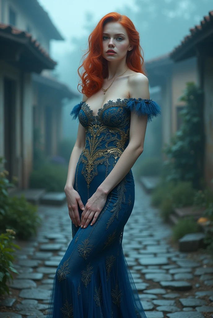 DUTCH RURAL SETTING, master piece, (((Full figure supermodel sexy pose))) corpo inteiro no quadro, (((magical unnatural lighting ))) (((Beautiful pale shape smiling irish goddess sitting woman artmodel pose on cobblestone street in mist))), (((Heavenly 1920s Blue and Gold Intricate Lace Gown Showcasing, looking at the camera))) , ((( red hair, precise hands, accurate eyes, Sagging breasts cleavage corset))) Moody Lighting, Blue Hour, blues colors, very detailed, dramatic lighting, Trending digital art on Artstation 8k HD high definition detailed realistic, circunstanciado, texture skin, hyper detailled, textura de pele realista, armour, best qualityer, ultra high resolution, (photorrealistic:1.4), very high resolution, circunstanciado, Foto RAW, clear re, Nikon D850 Film Stock Photography 4 Kodak Portra 400 Camera F1.6 lenses rich colors hyper realistic texture dramatic lighting unrealengine trending on artstation cinestill 800, (((accurate female anatomy, perfects eyes))) (((500px, fstoppers, Photovision.ru, metart, ISO noise))) (((SFW Clothing))), naked, nya, sensuous, feições de megan fox e amber heard, red hair