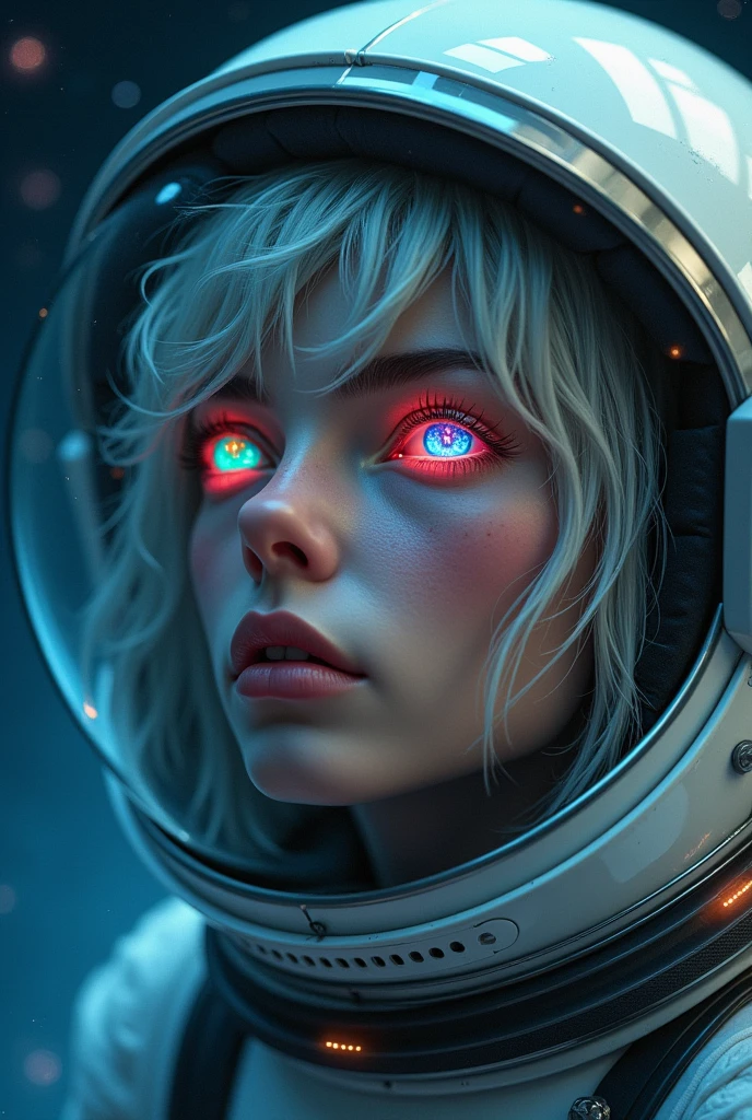 (Close-up of a better masterpiece:1.5)0.9], (Space and astronauts:1.2) (Messy silver hair:1.1) (Heterochromia xanthochromia and blue eyes:1.2) (Space Helmet:1.0) (Colored stars in the eyes:1.0) (A radiant glow:1.1) (thick lips:0.9)