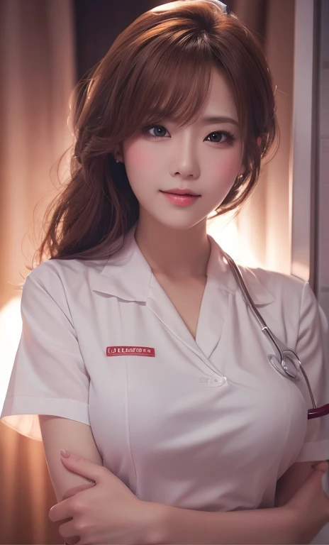Highest quality, masterpiece, Ultra-high resolution, (reality: 1.4), Original photo, One Girl, White nurse uniform, Cinema Lighting, Big Breasts, Cover Chest