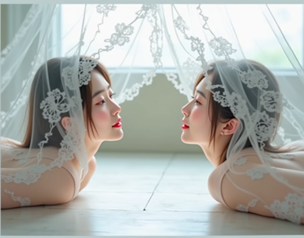Woman wrapped in curtains、Lace curtains、beauty、韓国人beauty、裸のbeauty、Intricate lace curtains、Long Hair、歯を見せてlolう、looks fun（lol）、Perfect Proportions