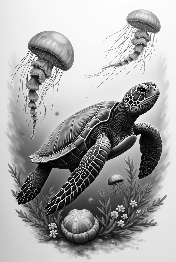 Realistic black and white tattoo design of a Dermochelys coriacea turtle swimming on the seabed surrounded by real jellyfish, sea horse, see weed