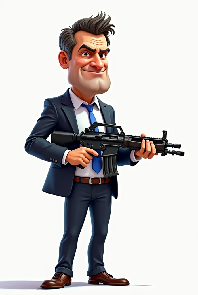 A 30 year man who wears a suit have a big machine gun in only one hand and machine gun , looking at screen realistic image face and body properly visible body facing front side while man looking left side man alon in image make it cartoon effect with funny face