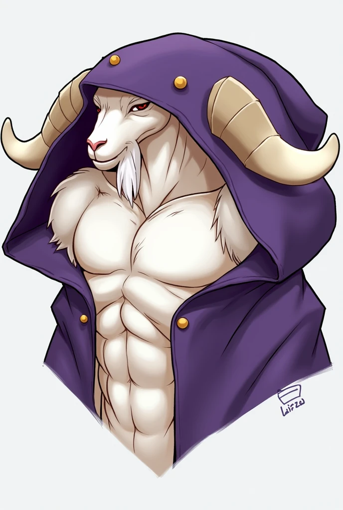 Make a white goat wearing a purple hood, the goat has to be humanoid and muscular but it has to have a goat face.