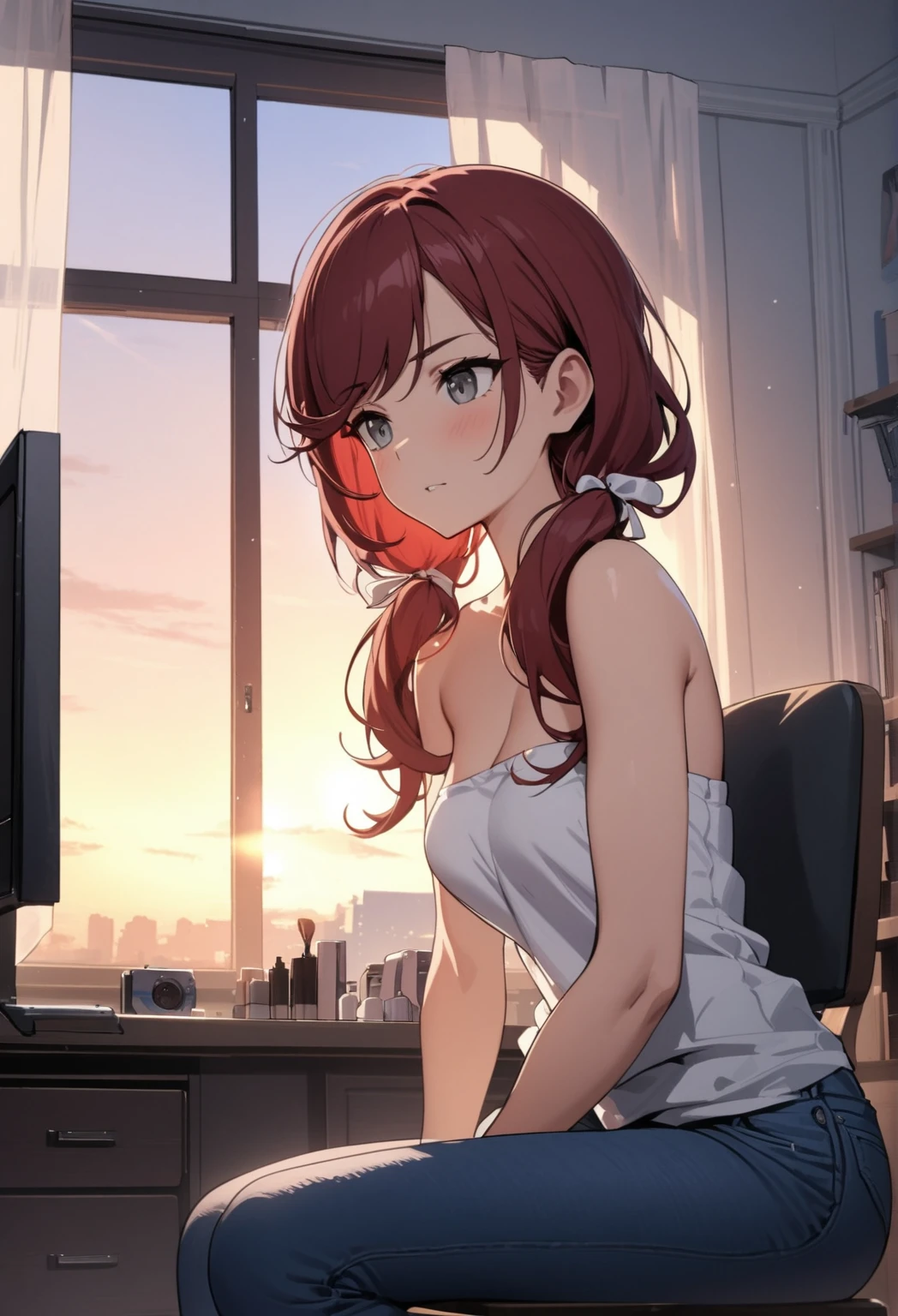 (masterpiece, best quality), 1girl, stoic, holding hairbrush, beautiful face, Gray eyes, Dark red hair, swept bangs, low twin tails, white ribbons, strapless white shirt, jeans, toned arms, bedroom, sitting on chair in front of computer, brushing hair, bedroom, bed, window with fluttering curtains, sunrise,