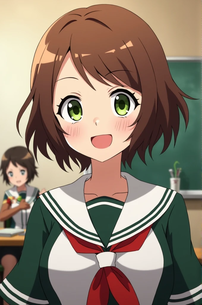 Screenshot of my hero academia. Girl with short wavy hazelnut hair, with a bang. He has green eyes with a bit of brown and has a happy expression.. She is wearing the UA uniform and the background has a UA school class and sitting next to a my hero academia bakugo character